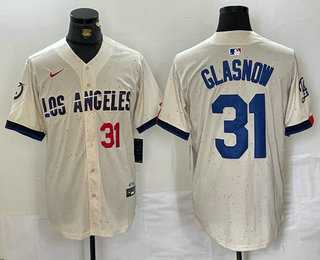 Mens Los Angeles Dodgers #31 Tyler Glasnow Number Cream Blue 2024 City Connect Limited Stitched Jersey